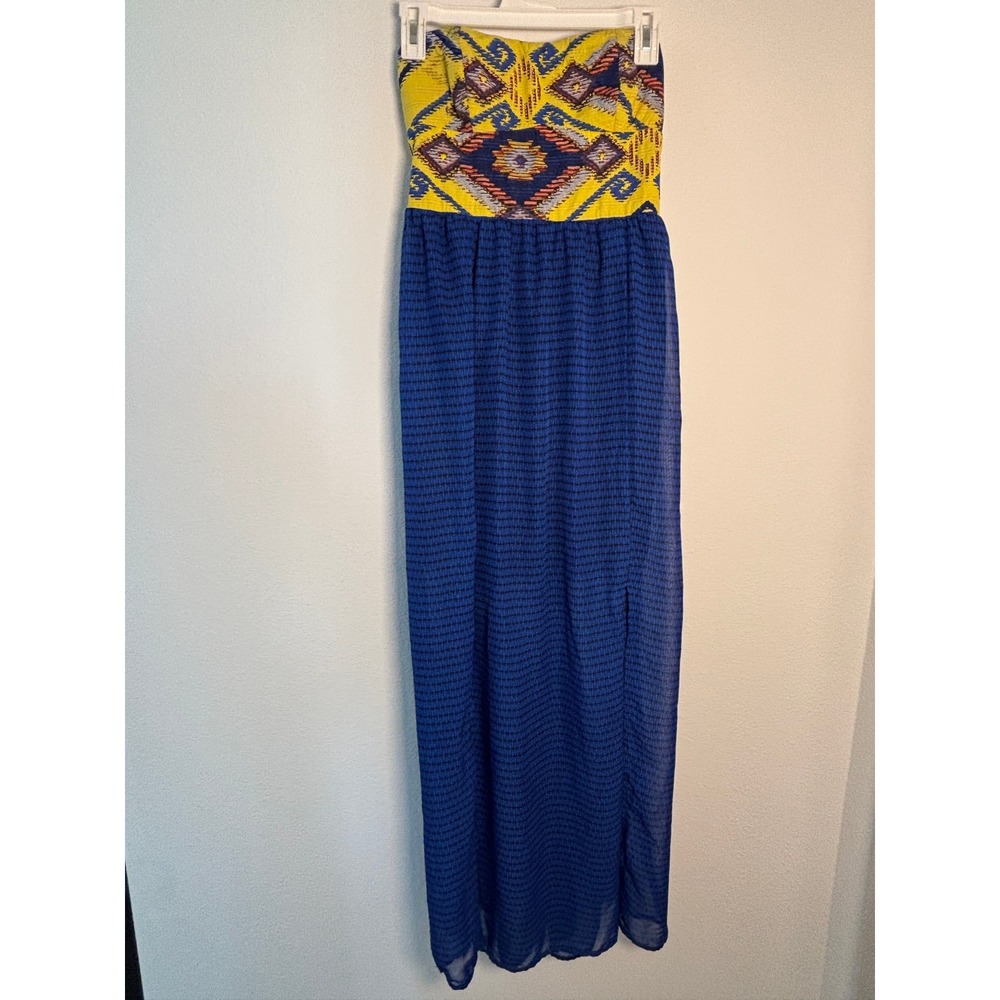 Xhilaration Strapless Maxi Dress Blue Yellow Tribal Print Boho Side Slit Medium